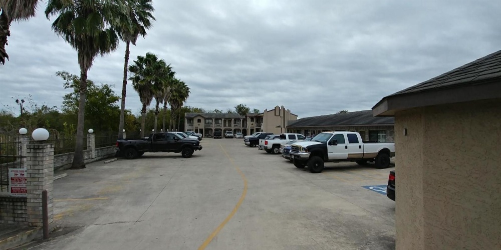 a parking lot with cars and palm trees
